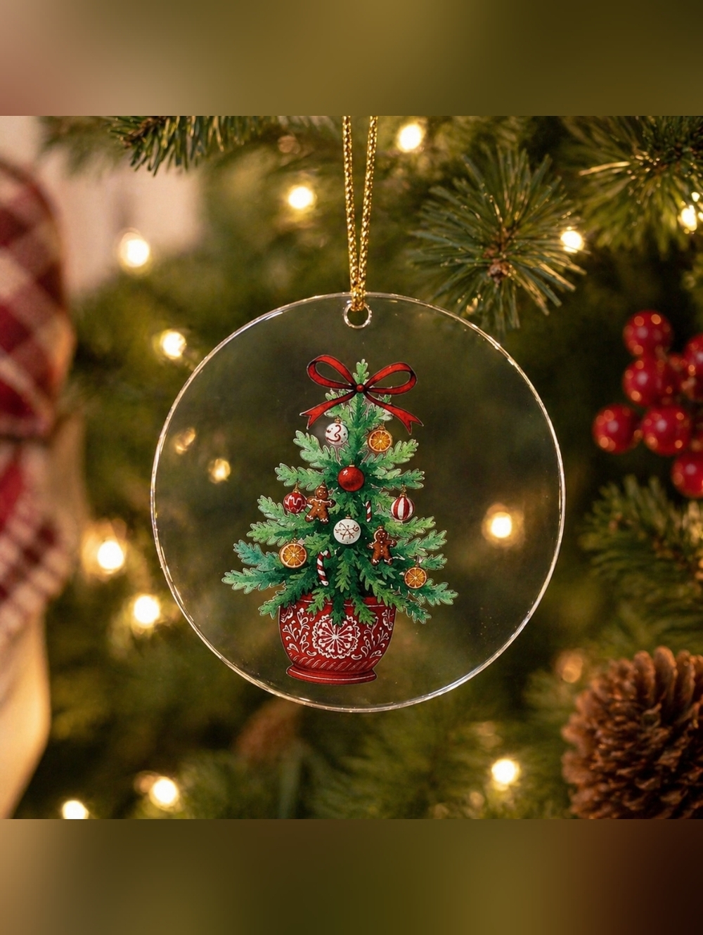 NWT Clear Acrylic Christmas Tree Ornament Round 3" Holiday Decor w/ Gold String